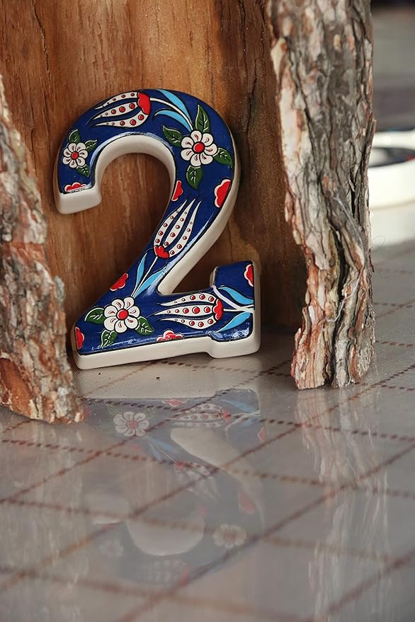 Large Ceramic Housewarming Sign Ceramic Address Plaque House Numbers Sign Door Personalized Coloured Decorative Hand Decoratede Housewarming Gifts Tulip Design 12 * 9 cm (Navy Blue, 2)