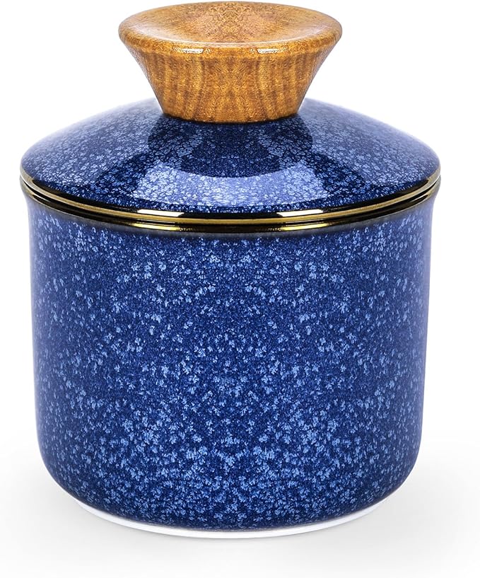 DOWAN French Butter Crock, Ceramic Dish With Lid for Countertop and Fridge, Keeper With Waterline, Flip-Top Container & Spreader, Reactive Glaze Holder, Blue