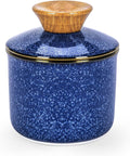 DOWAN French Butter Crock, Ceramic Dish With Lid for Countertop and Fridge, Keeper With Waterline, Flip-Top Container & Spreader, Reactive Glaze Holder, Blue