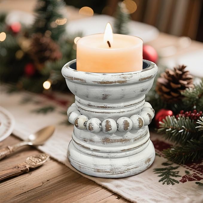 Farmhouse Rustic Wood Pillar Candle Holder, Decorative Beaded Candlestick Holder Stand for Home Décor, Gifts, Wedding (White Wash)