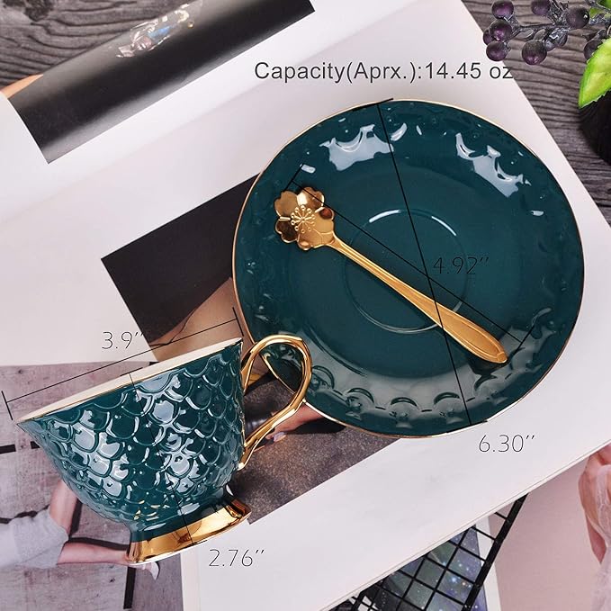 VanEnjoy Green Vintage 8 Ounces Porcelain Coffee Cup,Tea Cup and Saucer Set and Saucer with Decorative Scale Pattern, Vintage