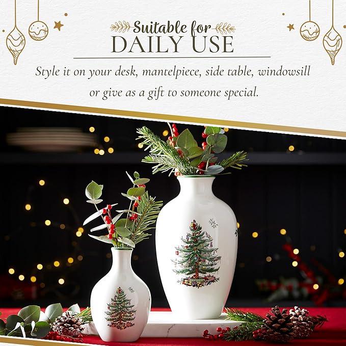Spode Christmas Tree 6" Posy Vase - Elegant Ceramic Flower Vase, Holiday Centerpiece for Floral Arrangements & Home Decor - Beautiful Handcrafted Accent for Festive Decorations (Pack of 2)