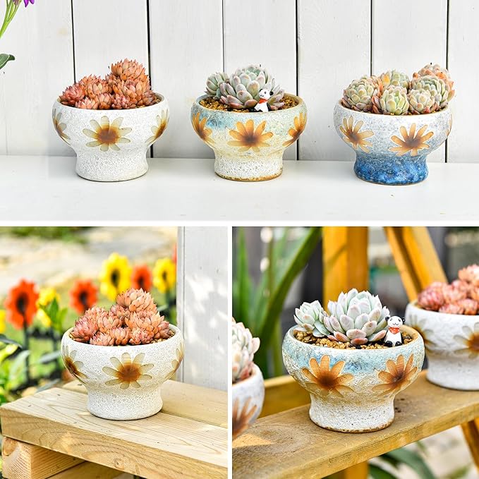 Sungmor Small Succulent Planters Set of 3, Beautiful Hand Crafted Ceramic Plant Pots Cute Cactus Pot, 4.9 Inch Flower Pots for Indoor Plants with Drainage, Desktop Windowsill Home Office Decor Pots