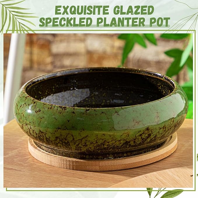 2 Pack 7.3 Inch Round Large Shallow Succulent Ceramic Planter Pots with Drainage Hole Drip Glazed Shallow Bonsai Pot with Bamboo Tray for Indoor Outdoor Plants Decor Cactus Flower