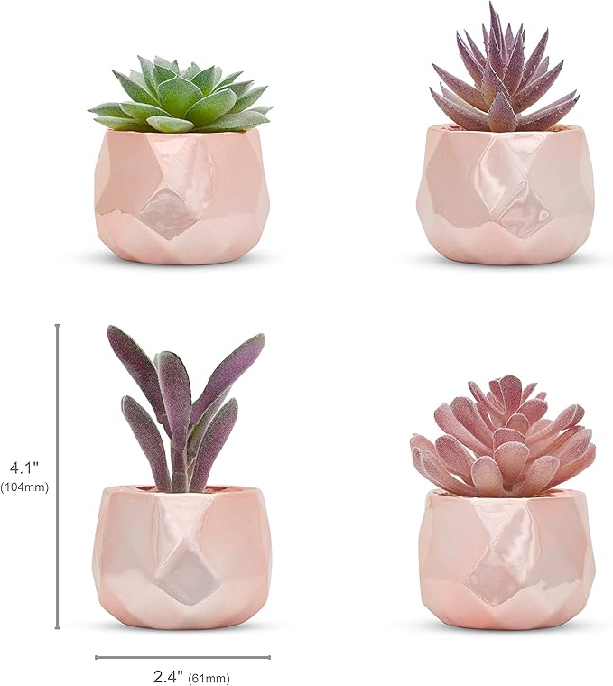 Nordik Set of 4 Desk Plants in Rose Gold - Office Decor for Women, Indoor, Living Room, Bedroom, Home and Desk Decor – Pink Faux Succulents Geometric Ceramic Planters