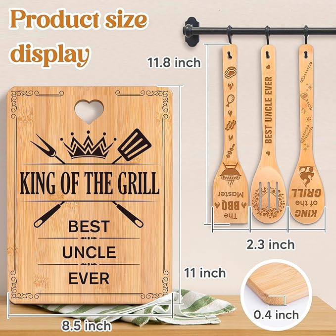 Best Uncle Gifts - "King of The Grill, Best Uncle Ever" Uncle Birthday Gifts Cutting Board Set, Bamboo-Made Engraved Utensil Set, Gifts for Uncle