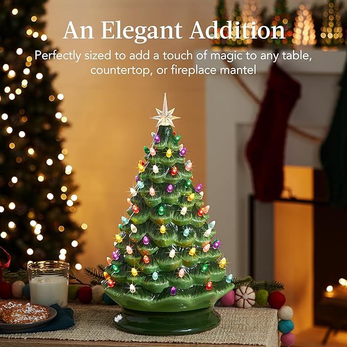 Best Choice Products 18in Large Ceramic Christmas Tree, Pre-lit Hand-Painted Tabletop Holiday Decoration w/Power Cord, 2 Star, 93 Multicolored Bulbs, LED Lights - Green