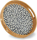 YANGQIHOME Round Rattan Tray with Handle, Mother of Pearl Inlay Decorative Wicker Basket for Coffee, Bread, Fruits, Serving Tray for Home Decor, Blue Leaf