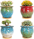 ARTKETTY Succulent Pots - 4 Pack Small Plant Pots with Drainage Tray, 4.5 Inch Ceramic Planters for Indoor Plants Colorful Cactus Flower Planter, Gifts for Women