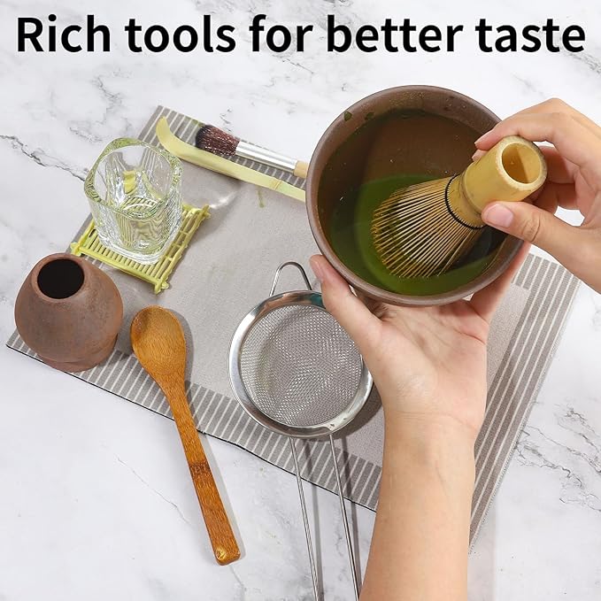 12 Pcs Matcha Whisk Set - Matcha Set Includes Matcha Bowl and Cup, Matcha Kit for Ceremony Making Tools, Gift for Family/Friend （pottery）