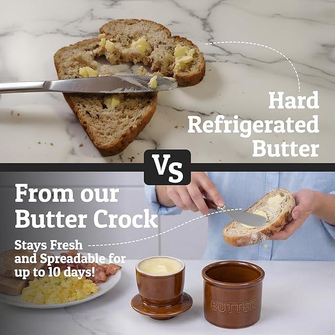 PriorityChef Butter Crock with Lid with Water Line,Ceramic French Butter Dish to Leave On Counter, Brown
