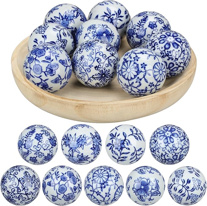 Vesici 9 Pcs Blue and White Porcelain Balls Decorative Chinoiserie Orbs for Centerpiece Bowls China Ceramic Balls Farmhouse Basket Tray Vases Decoration Gifts for Dining Table Holiday(Leaf Style)