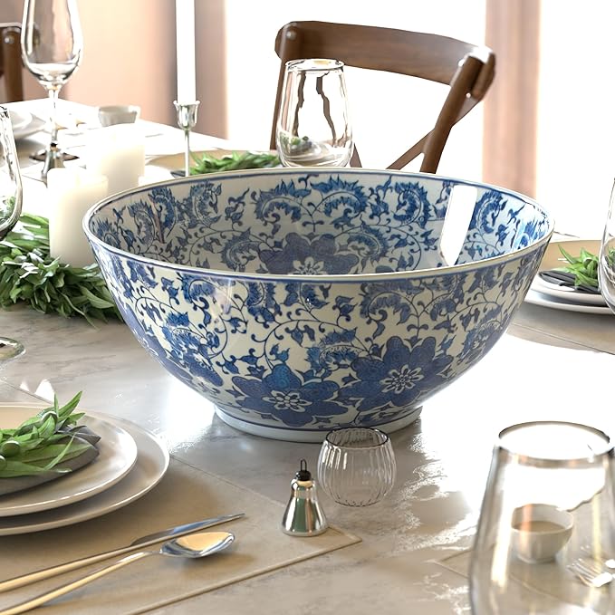 Red Lantern 14" Floral Blue & White Porcelain Bowl Vase for Centerpiece in Kitchen Dining Living Room Bedroom with Boho Eclectic Modern Contemporary Classic Traditional Style Decor