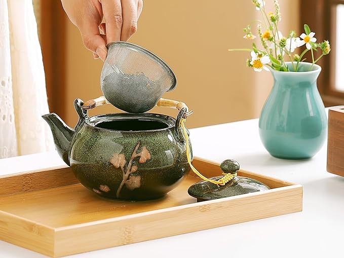 Traditional Japanese tea set, Kiln altered glaze Porcelain tea set with 1 Teapot, 6 Tea cups, 1 Tea Tray,Japanese teapot set, Asian tea sets (Kiln altered-Green)