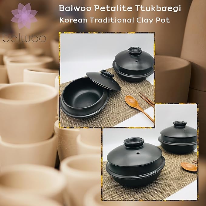 [Petalite Mineral, Retro Design] Korean Earthenware Pot Ttukbaegi, Ceramic Clay Cooking Pot Casserole, Heat Resistant Ceramic Pot, Zero-Crack Stone Bowl Stockpot Soup Cookware (Large)