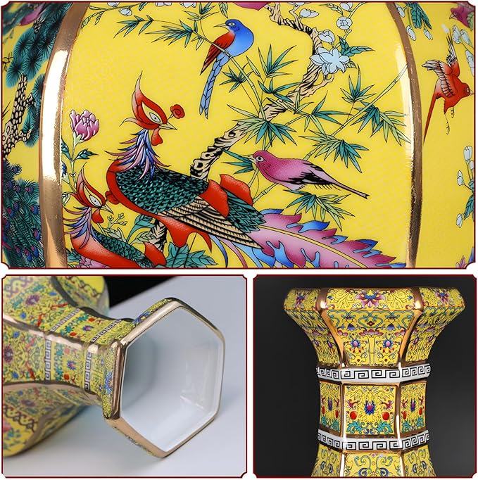 10 Inch Ceramic Vase - Chinese Cloisonné Antique Vase for Home Decor, Yellow Background with Phoenix & Peony Patterns, Gift for Women