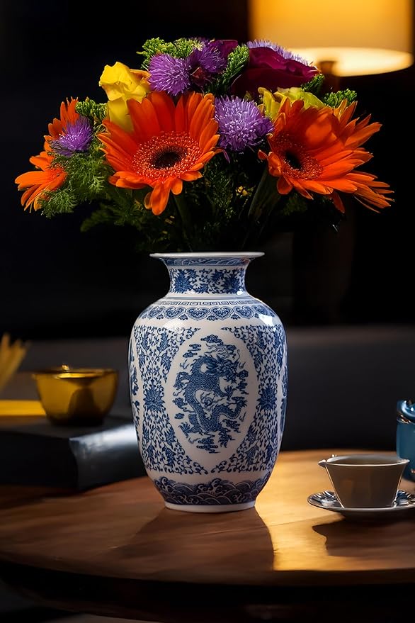 Blue and White Vase, Chinoiserie Porcelain for Living Room Shelf, Entryway Decor & Blue and White Home Centerpiece, Blue Vases Home Décor,11" H