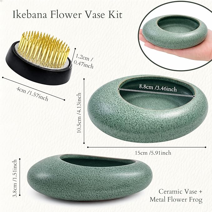 Japanese Flower Frog Vase Set – Japanese Artisan Celadon Glaze Flower Vase with Flower Frog, Modern Flower Arrangement Pot for Living Room Decor & Art Supplies, Gift Box for Flower Lover