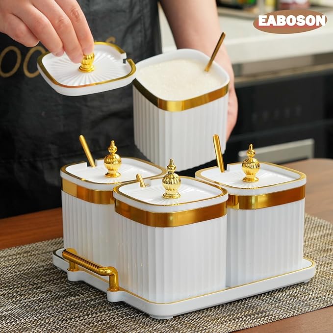 4 Pack Gold Condiment Spice Jars with Lids, Spoons, Tray - Plastic Seasoning Box Set for Salt, Pepper, Sugar - Kitchen Storage