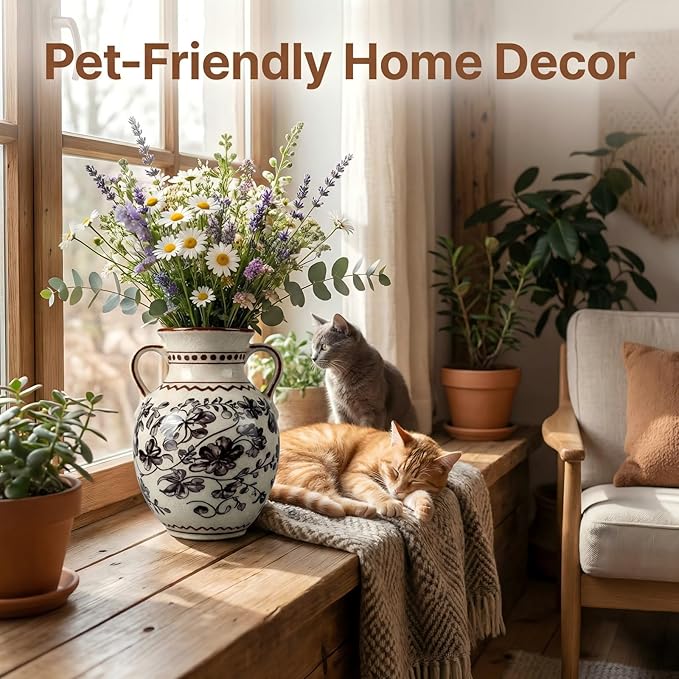 EFISPSS Ceramic Vintage Vase,Chinoiserie Rustic Farmhouse Floral Spring Decor for Home Decor Living Room Fireplace Office, Grey 8.4In
