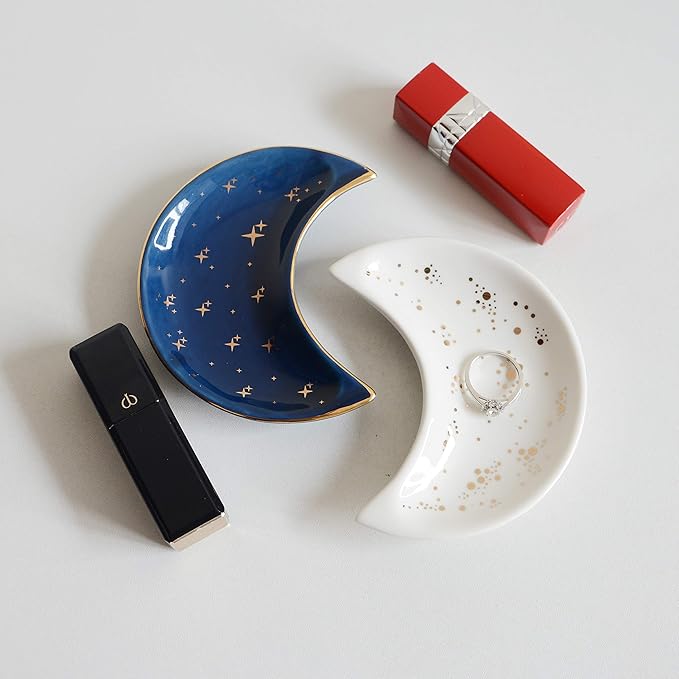 Small Moon Jewelry Dish Tray, Decorative Ceramic Trinket Dish, Modern Accent Tray for Vanity, White
