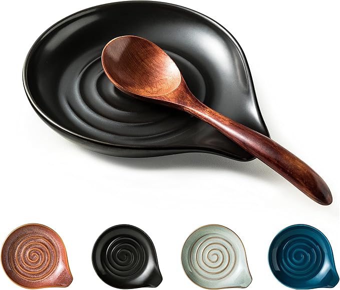 Spoon Rest, Porcelain Drip Tray for Multiple Utensils, Cooking&Large Spoon Holder for Stove Top, Modern Farmhouse Kitchen Decor Utensil Holder for Spoons, Ladles, Tongs&Spatula, Black