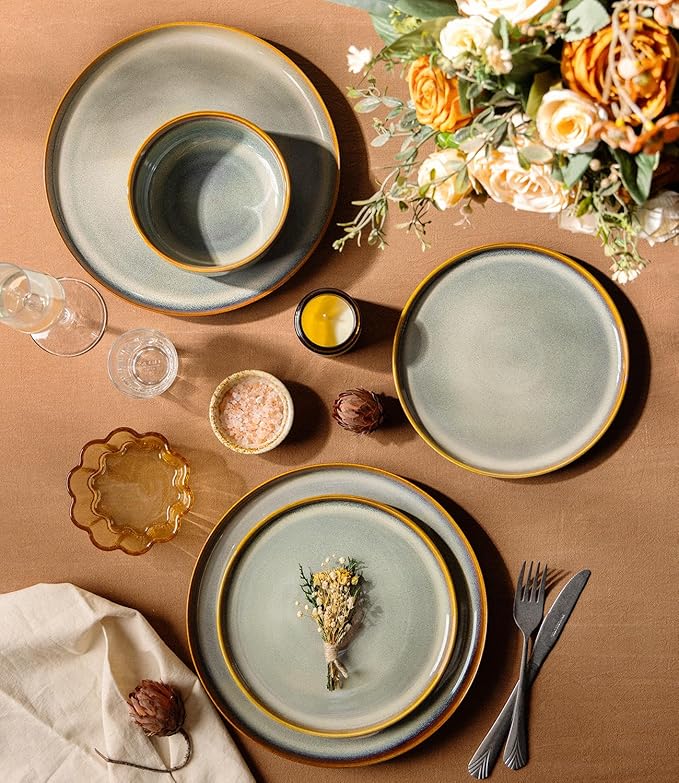 TheTerra Ceramic Dinnerware Sets for 4, 12 Pieces Handmade Reactive Glaze Plates and Bowls Set, Scratch Resistant Dish Set, Oven & Microwave & Dishwasher Safe, Dusk Blue