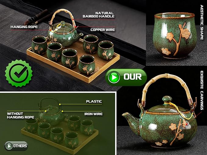 Traditional Japanese tea set, Kiln altered glaze Porcelain tea set with 1 Teapot, 6 Tea cups, 1 Tea Tray,Japanese teapot set, Asian tea sets (Kiln altered-Green)