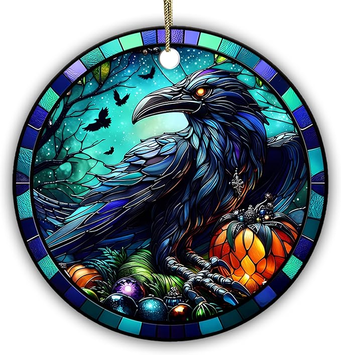 Stained Glass Style Raven Christmas Ornament – Creepy Dark Gothic Crow with Pumpkin & Moon – Halloween and Holiday Tree Decor for Raven Lovers, Gothic Home Accent, 2.9 Inch Ceramic