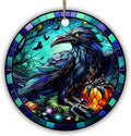 Stained Glass Style Raven Christmas Ornament – Creepy Dark Gothic Crow with Pumpkin & Moon – Halloween and Holiday Tree Decor for Raven Lovers, Gothic Home Accent, 2.9 Inch Ceramic