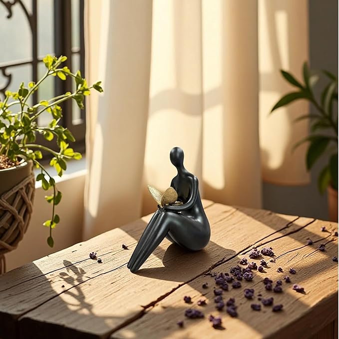 Black Abstract Sitting Figurine with Gold Butterfly – Modern Resin Sculpture for Shelf, Desk, Living Room & Office Decor, Minimalist Shelf Sitter Statue for Home Decoration