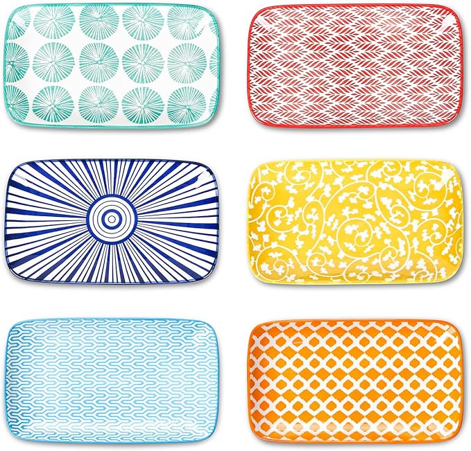 Selamica Rectangular Salad Plates, 7.1 Inch Dessert Plates Ceramic, Small Plates for Appetizer, Snack, Sushi, Fruit, Set of 6, Assorted Colors