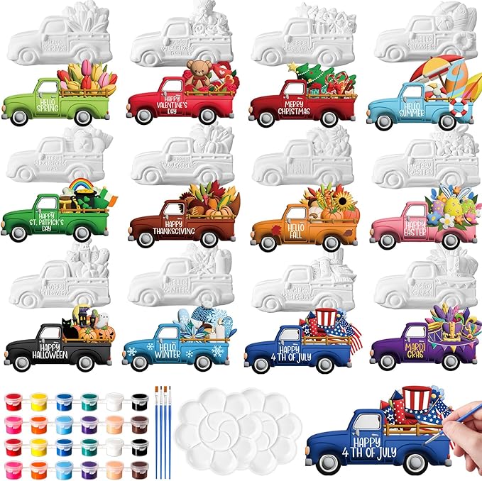 Kolldenn 12 Pcs Holiday Gnome Truck Vase Painting Kit Ceramics to Paint Your Own Statues DIY Statues with 24 Acrylic Paint 4 Brushes 2 Palette Unpainted Crafts for Christmas Winter(Truck)