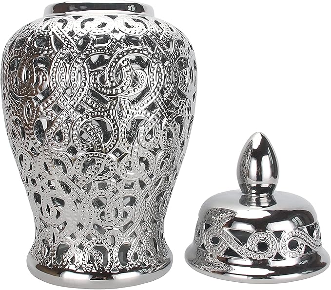 Noori Home - 100% Modern Glam Artisan Ceramic PARKER Large Silver Ginger Jar Urns with Lid 11x11x25