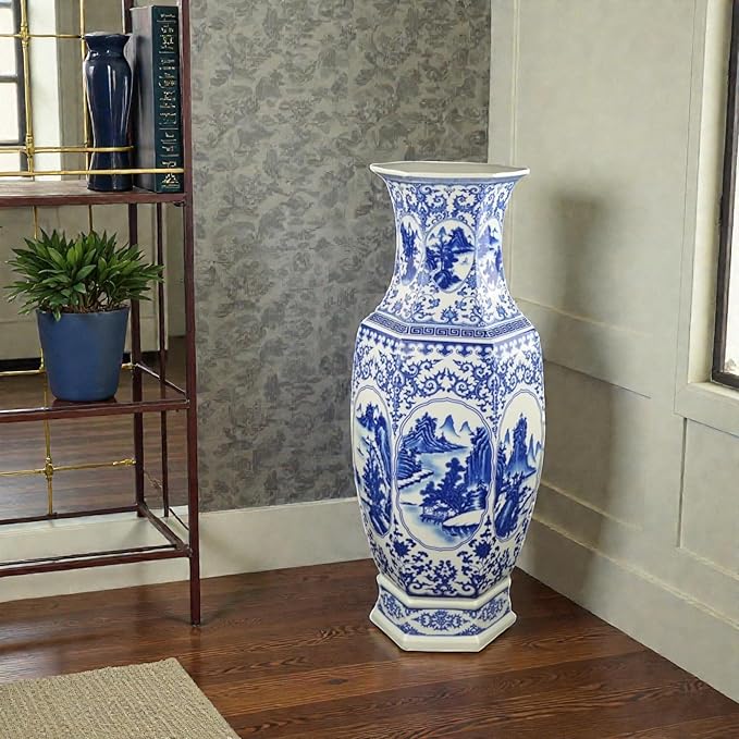 25" Classic Blue and White Hexagonal Lotus Porcelain Vase, Ceramic Vase Jingdezhen, China Qing Style （D9）