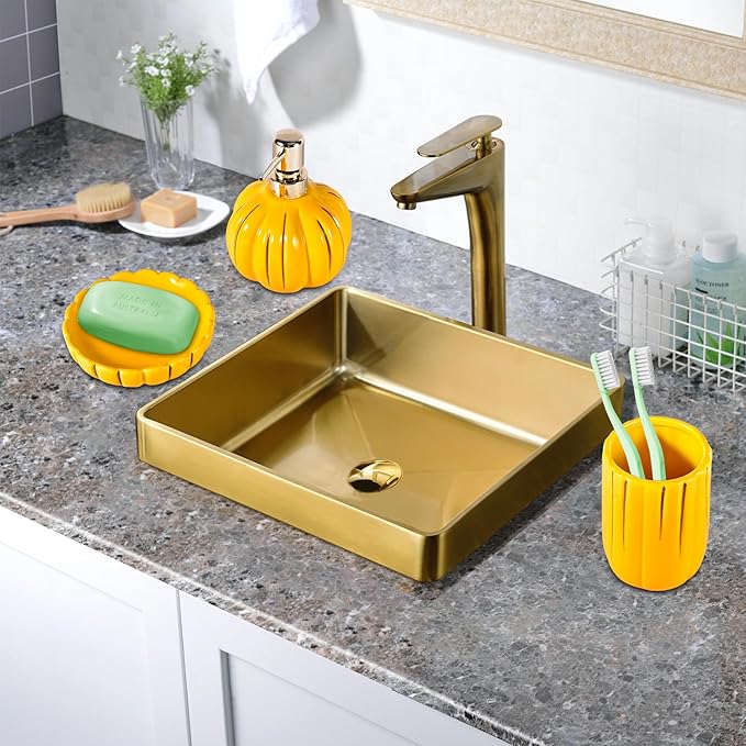 Ceramic Bathroom Accessories Set of 3, Thanksgiving Pumpkin Bathroom Decor, Fall Bathroom Sets Complete -Toothbrush Holders, Soap Dispenser, Soap Dish, Bathroom Organizer for Countertop