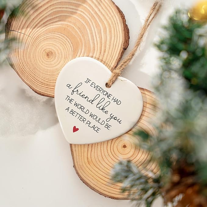 NGHYANA Christmas Tree Ornaments 2025, Heart Shaped Ceramic Ornament with Friendship Message – 3.1 Inch White Hanging Decor Gift