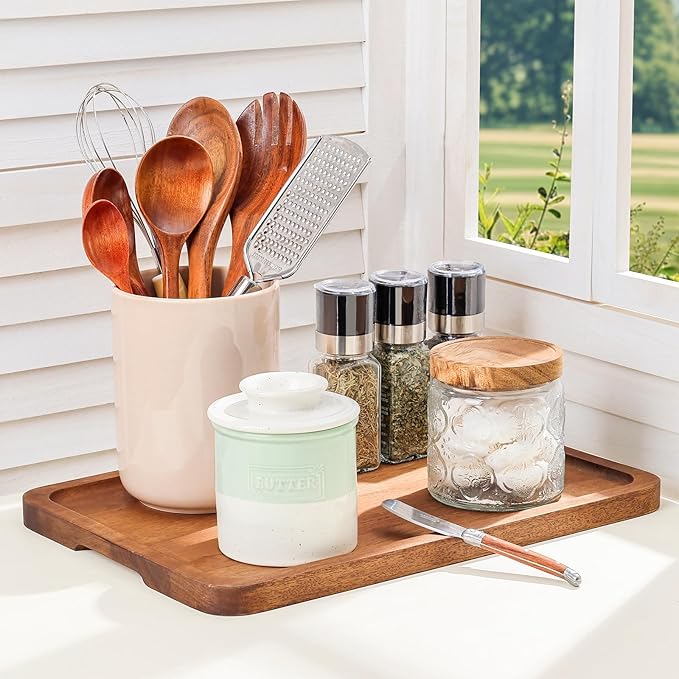 NUTRIUPS Ceramic Butter Crock, Butter Dish with Lid for Countertop with Water Line, French Retro Butter Crock for Spreadable Butter (Cyan Mist White)