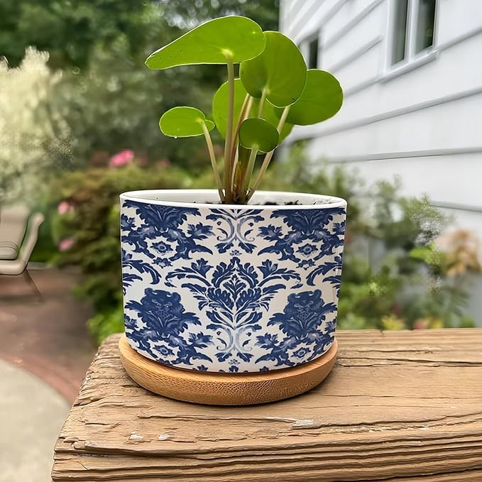 Blue Regalia Lion Planter Ceramic Chinoiserie Geometric Print Round Plant Pot with Drainage Holes and Bamboo Tray Pot for Indoor Outdoor Garden