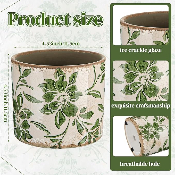 Indoor Ceramic Plant Pots with Drainage Hole 5 Inch Chinese Glaze Ice Crack Flower Pot Vintage Succulent Pots Porcelain Decorative Planter for Plants Herb Home Decor(Green,Leaves Style)