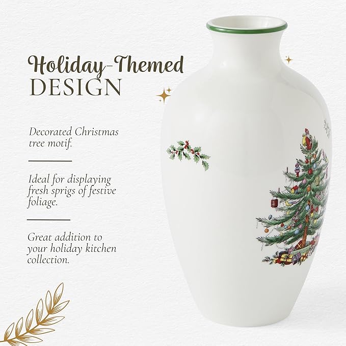 Spode Christmas Tree 10" Posy Vase - Elegant Ceramic Flower Vase, Holiday Centerpiece for Floral Arrangements & Home Decor - Beautiful Handcrafted Accent for Festive Decorations