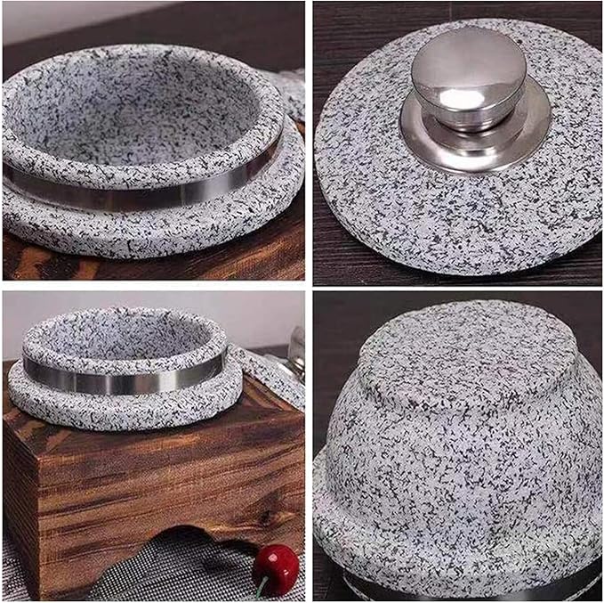 Korean Stone Bowl with Lid, Natural Stone Bowl with Wood Base Thicken Cookware Stone Bowl, Bibimbap Bowl for Korean Soup, Rice and Stew,20cm/7.9inch