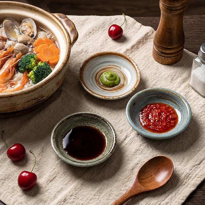 clothmile 3 Pieces Vintage Sauce Dishes 3 Inch Handmade Kiln Glazed Sauce Dishe Asian Chinese Ceramic Side Bowl for Sushi Sauce Snack Pinch Home Kitchen Decor Housewarming Gift