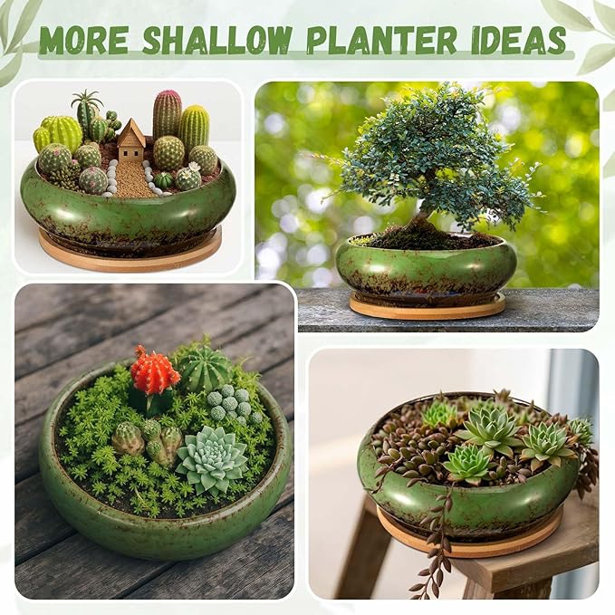 2 Pack 7.3 Inch Round Large Shallow Succulent Ceramic Planter Pots with Drainage Hole Drip Glazed Shallow Bonsai Pot with Bamboo Tray for Indoor Outdoor Plants Decor Cactus Flower