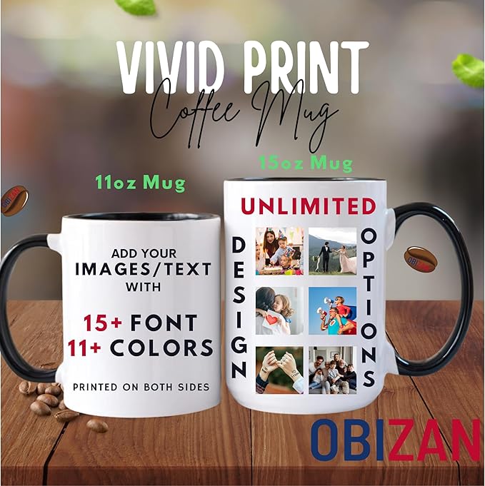 Custom Coffee Mug with Photo, Text, or Logo | Personalized Ceramic Mug 11oz | Customizable Gift for Men, Women | Unique Gift for Birthdays, Holidays, Christmas | White - Black