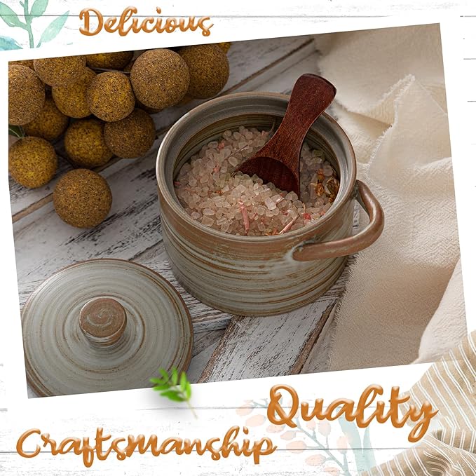 Honeydak Speckled Ceramic Salt Cellar with Lid and Wooden Spoon, Rustic Farmhouse Salt Pepper Cellar Holder for Valentines Day,Housewarming Gift, Heavyweight Spices Jar(Threaded Brown,1 Set)