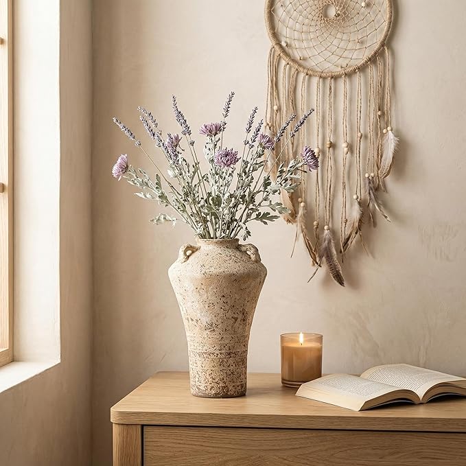 Ceramic Rustic Farmhouse Vase,Extra Large Terra Cotta Vase, Huge Pottery Decorative Flower Vases for Living Room Entryway Table Centerpiece Decor(12.5'' X 7.8'' x 7.8'') (Castle)