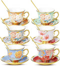 Tea Cups and Saucers, Tea Cup Set of 6, 8 OZ Floral Cups Porcelain Cup Set for Cappuccino, Coffee, Afternoon Tea Birthday Party Supply Housewarming Gift
