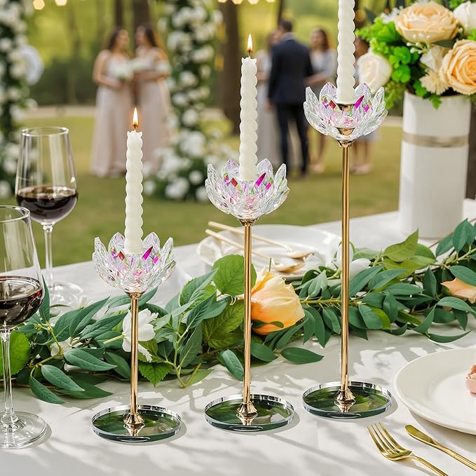 6pcs Crystal Candle Holders, Lotus Flower Candlestick Holders with Mirror Base, Metal Stand, Elegant Table Centerpieces for Home Decor, Wedding, Party (Taper Candle)