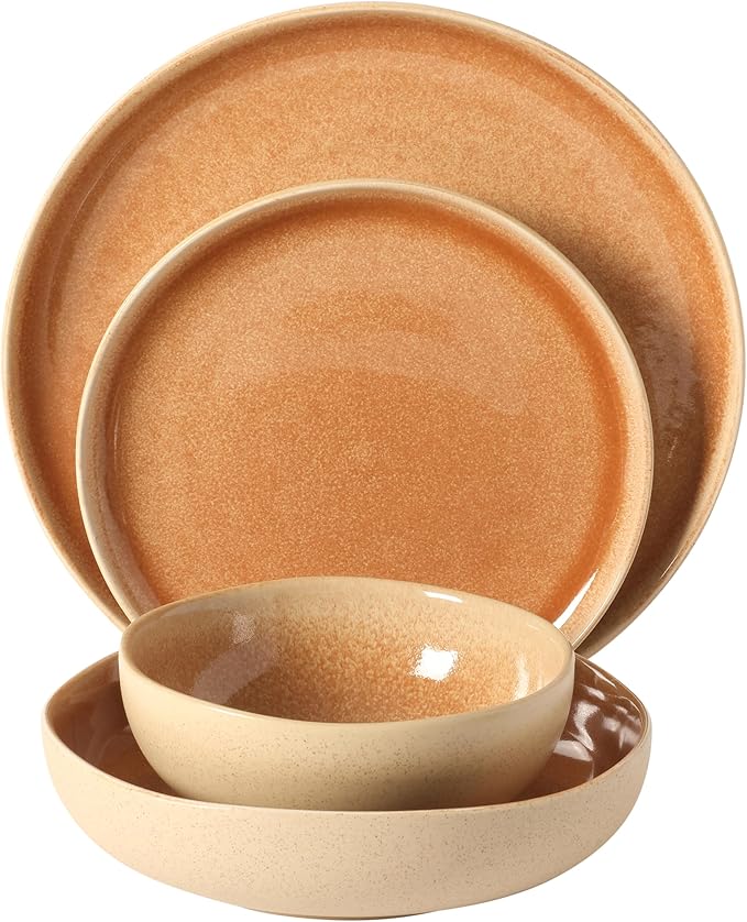 Gibson Elite Manila Bay 16-Piece Stoneware Dinnerware Set, Service for 4, Reactive Glaze Modern Artisan Plates, Bowls & Mugs, Assorted Colors, Round Design